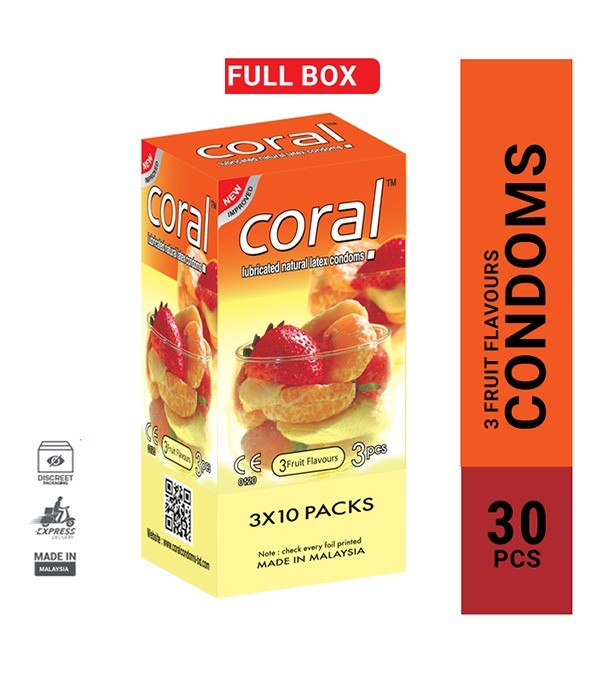 Coral 3 Fruits Flavors Lubricated Natural Latex Condom Full Box 3x10=30pcs Condom